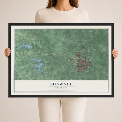 Map of Shawnee, Oklahoma, 24 x 36 inch print in a black wood frame