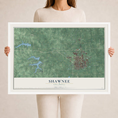 Map of Shawnee, Oklahoma, 24 x 36 inch print in a white wood frame