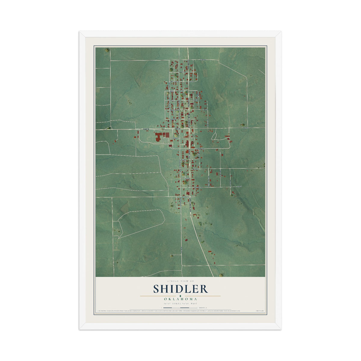 Map of Shidler, Oklahoma, 12 x 18 inch print in a white wood frame