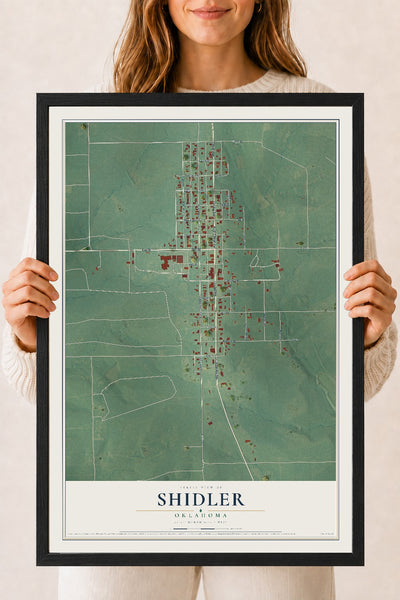 Map of Shidler, Oklahoma, 18 x 24 inch print in a black wood frame