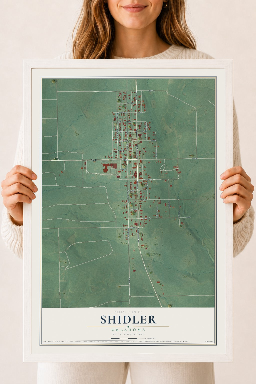 Map of Shidler, Oklahoma, 18 x 24 inch print in a white wood frame