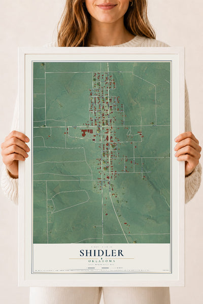 Map of Shidler, Oklahoma, 18 x 24 inch print in a white wood frame