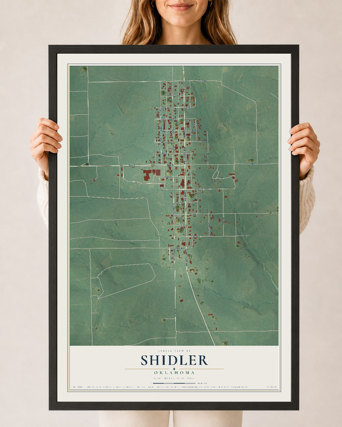 Map of Shidler, Oklahoma, 24 x 36 inch print in a black wood frame