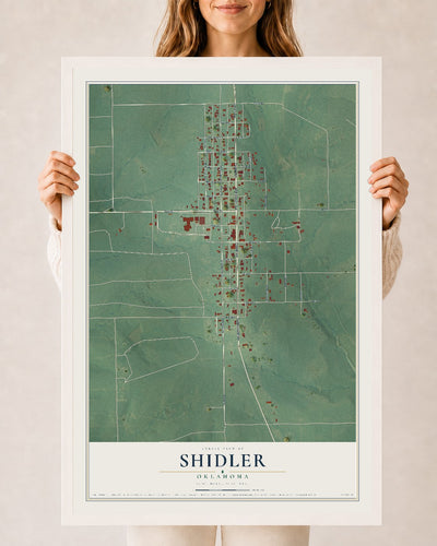 Map of Shidler, Oklahoma, 24 x 36 inch print in a white wood frame