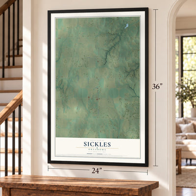 Sickles, Oklahoma map, 24 x 36 inch print in a black frame by a staircase