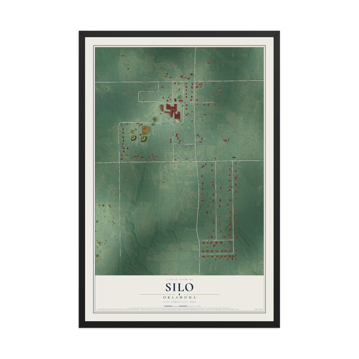 Map of Silo, Oklahoma, 12 x 18 inch print in a black wood frame