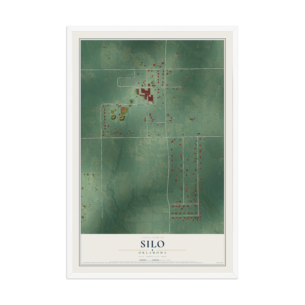 Map of Silo, Oklahoma, 12 x 18 inch print in a white wood frame