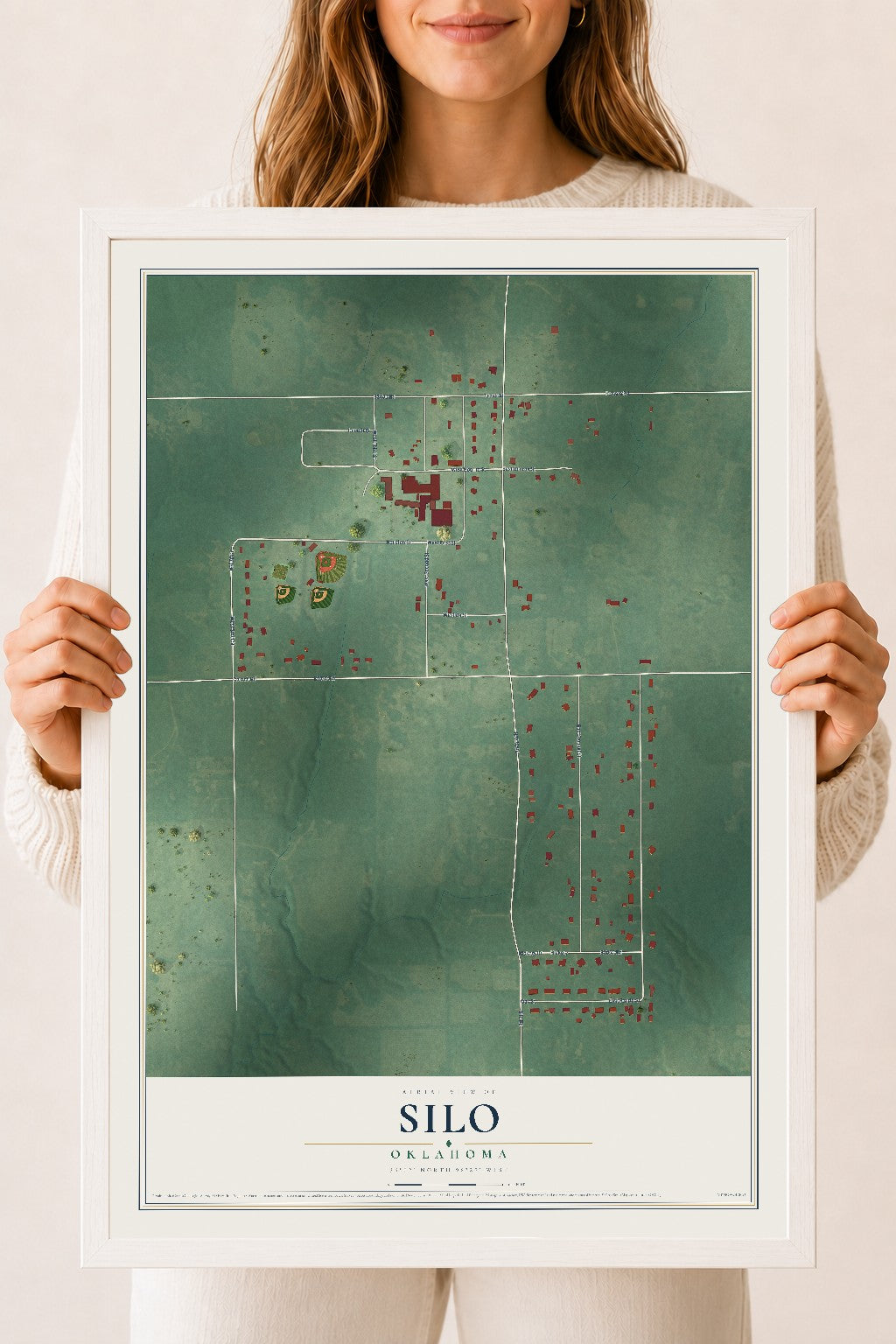 Map of Silo, Oklahoma, 18 x 24 inch print in a white wood frame