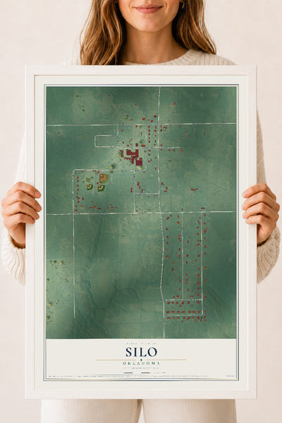 Map of Silo, Oklahoma, 18 x 24 inch print in a white wood frame
