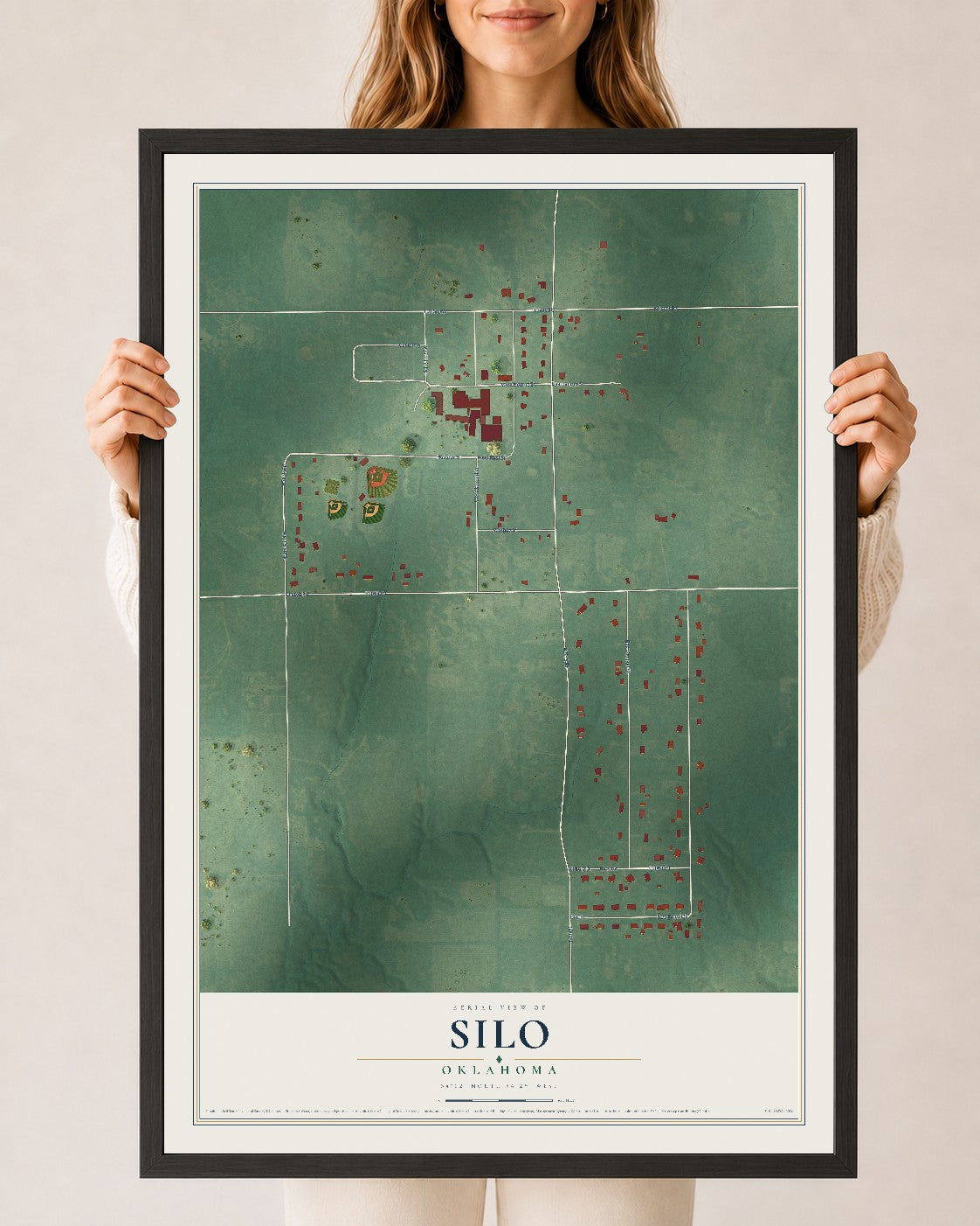 Map of Silo, Oklahoma, 24 x 36 inch print in a black wood frame