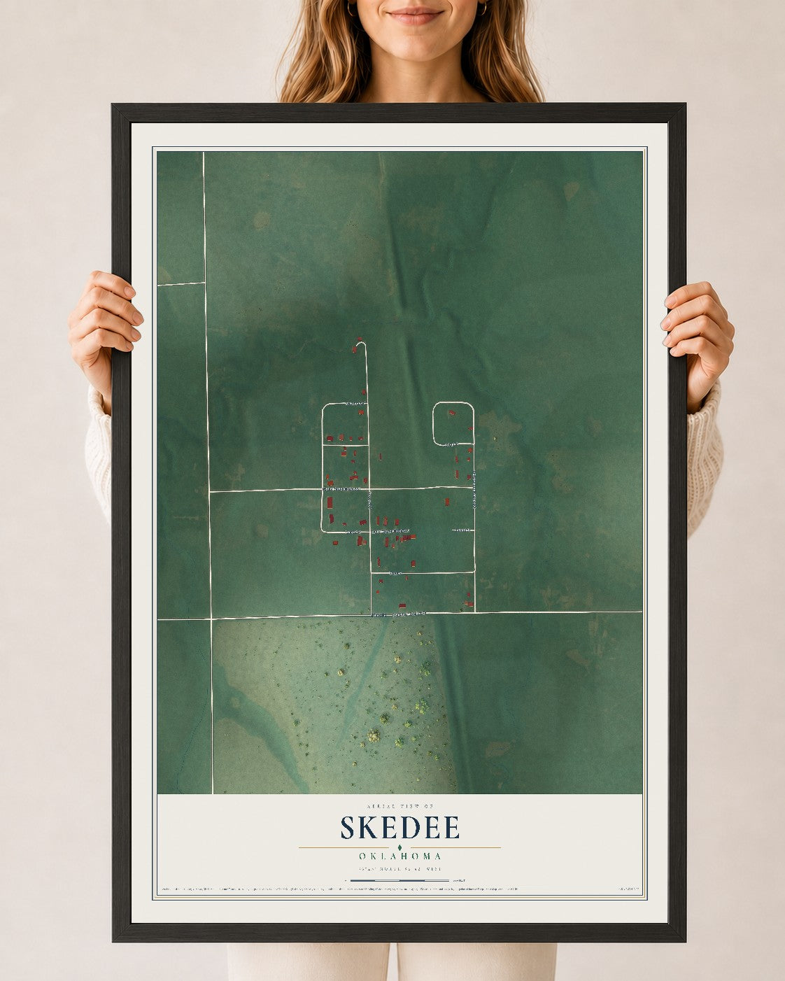Map of Skedee, Oklahoma, 24 x 36 inch print in a black wood frame