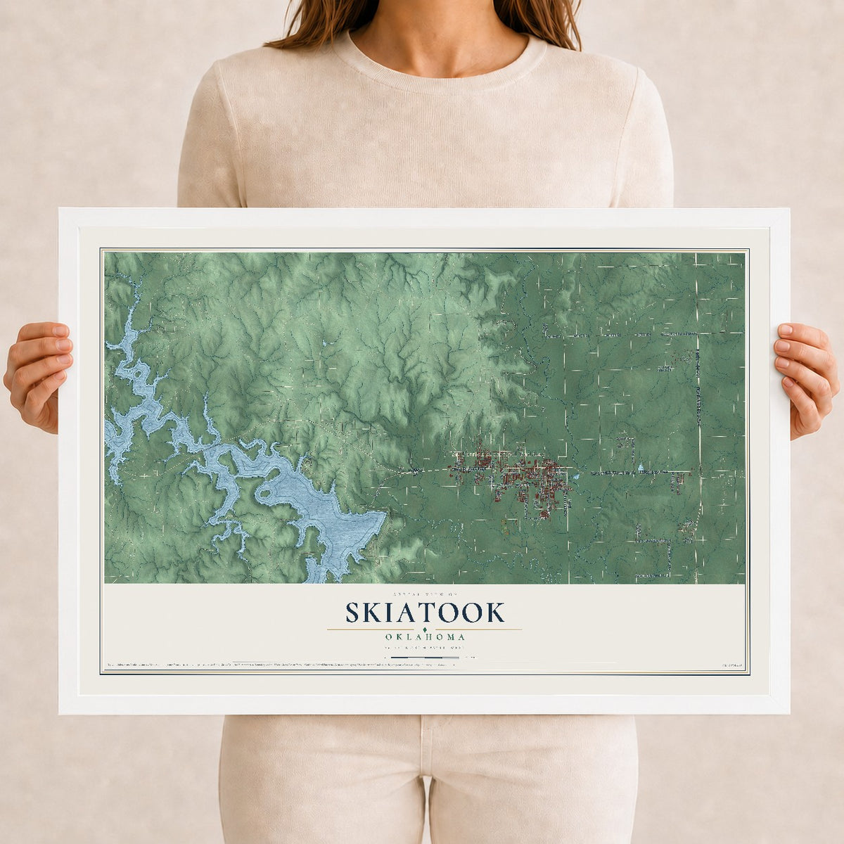 Map of Skiatook, Oklahoma, 12 x 18 inch print in a white wood frame
