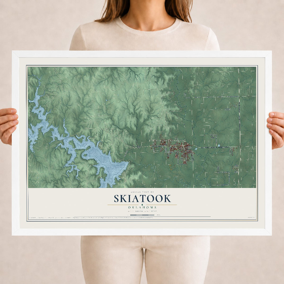 Map of Skiatook, Oklahoma, 18 x 24 inch print in a white wood frame