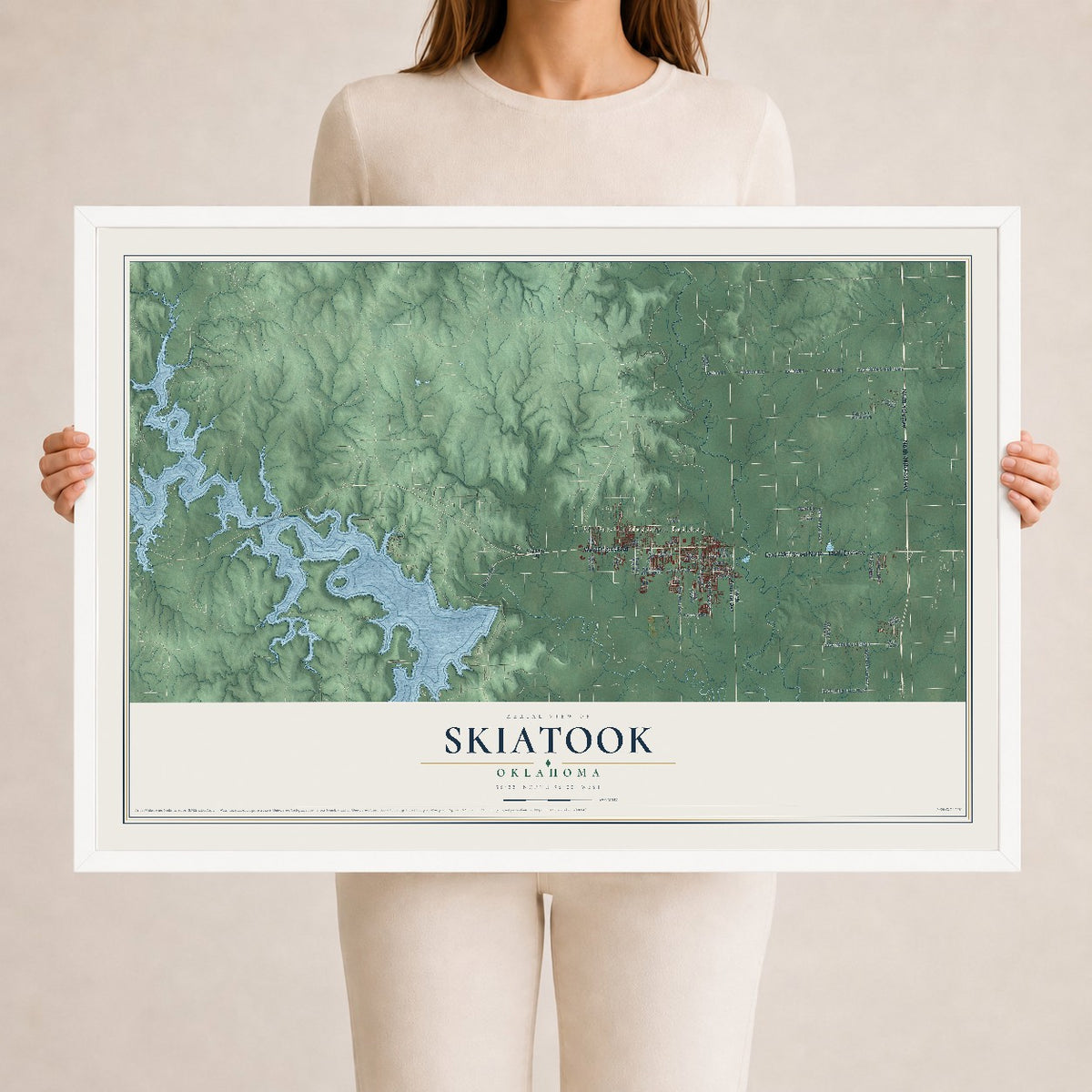 Map of Skiatook, Oklahoma, 24 x 36 inch print in a white wood frame
