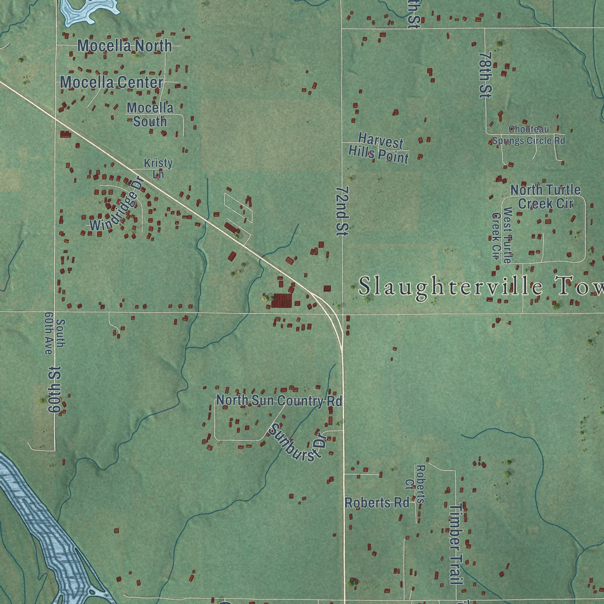 Close-up of the map of Slaughterville, Oklahoma print showing street and building detail