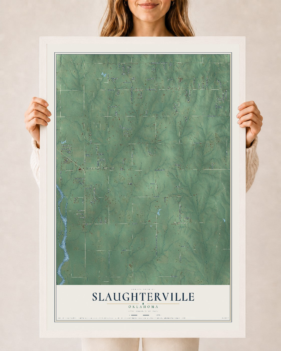 Map of Slaughterville, Oklahoma, 24 x 36 inch print in a white wood frame