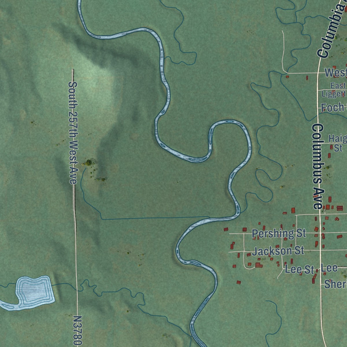 Close-up of the map of Slick, Oklahoma print showing street and building detail
