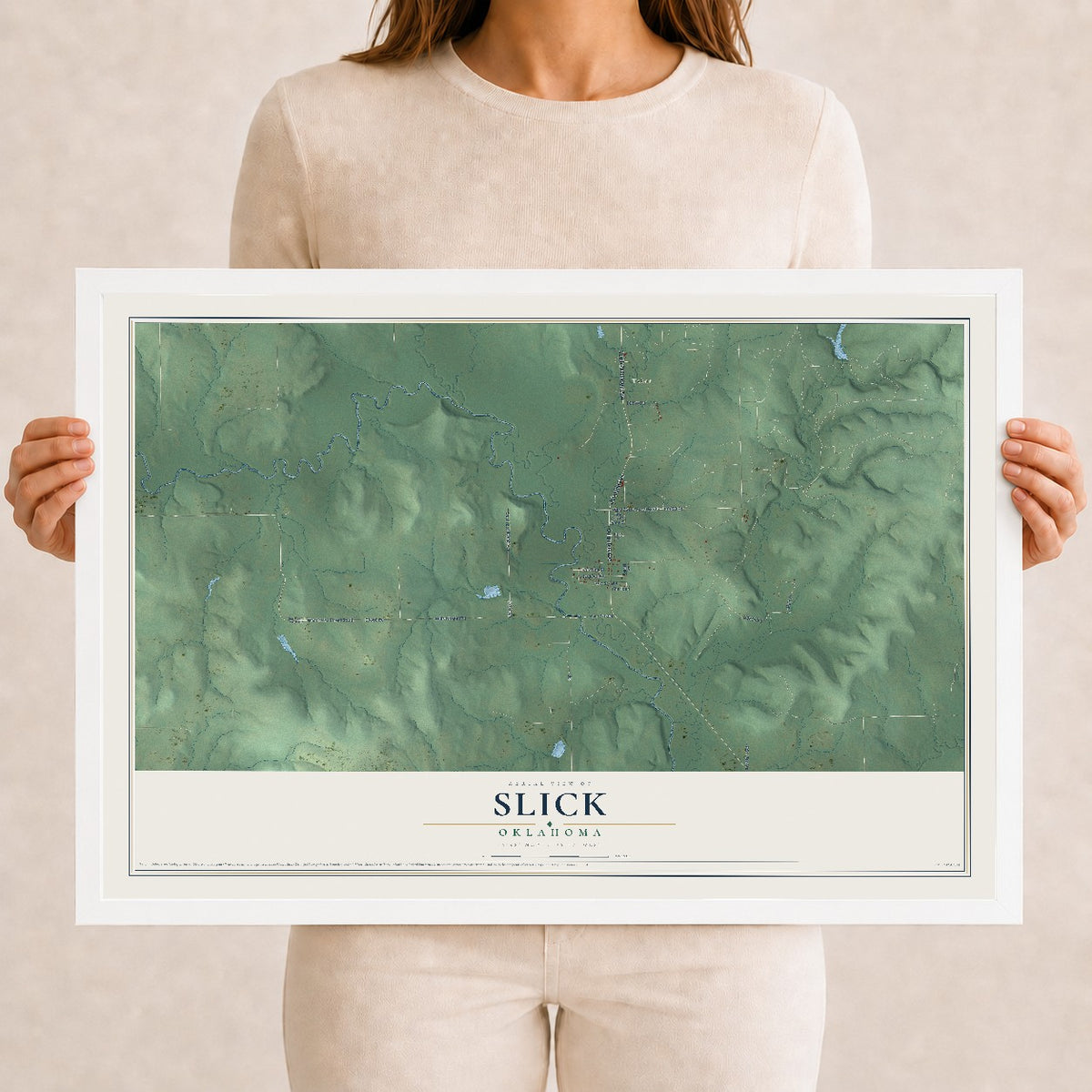 Map of Slick, Oklahoma, 12 x 18 inch print in a white wood frame