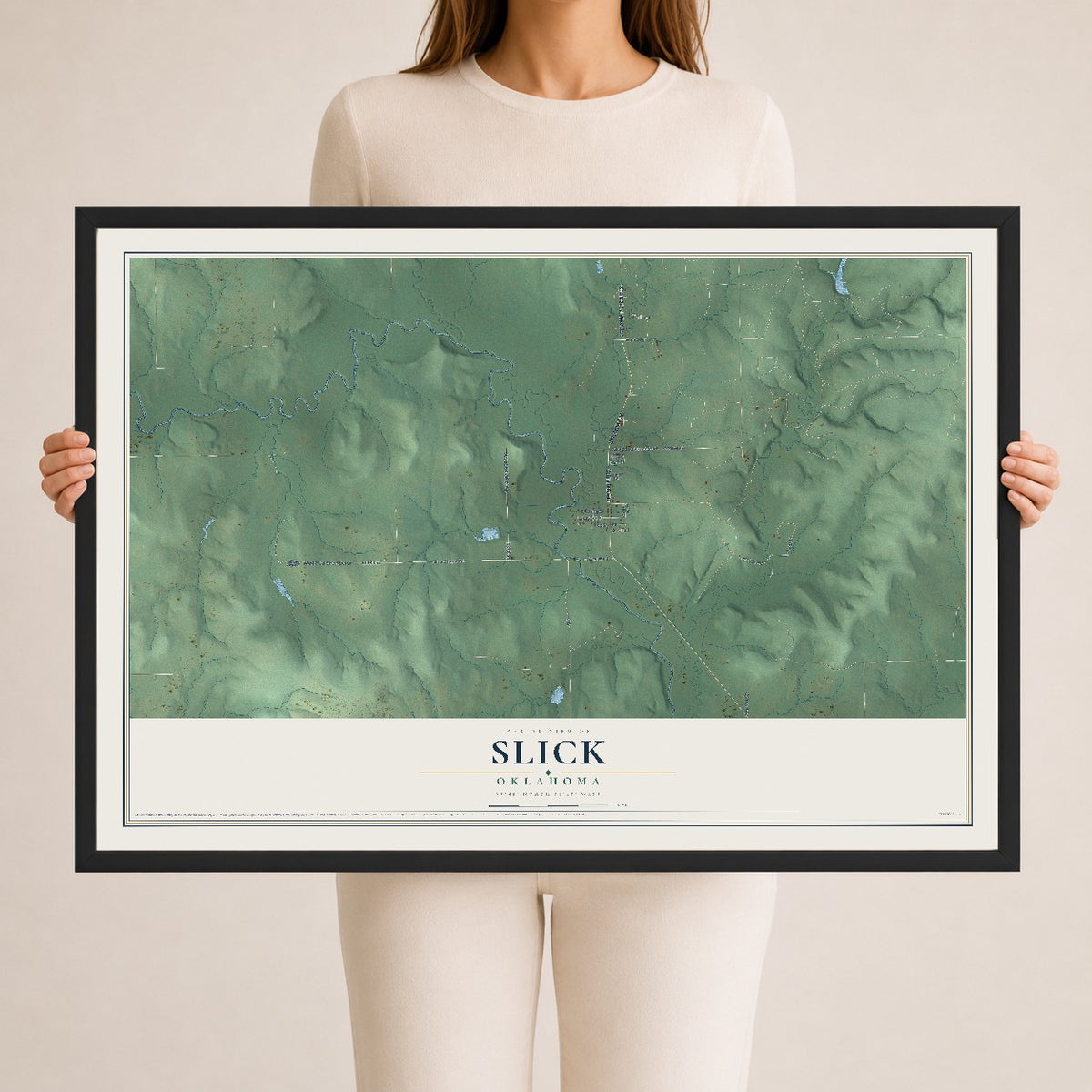 Map of Slick, Oklahoma, 24 x 36 inch print in a black wood frame