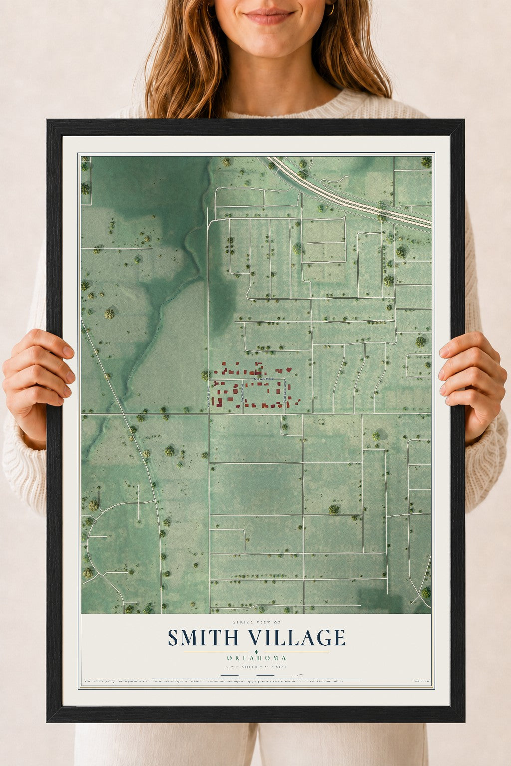 Map of Smith Village, Oklahoma, 18 x 24 inch print in a black wood frame