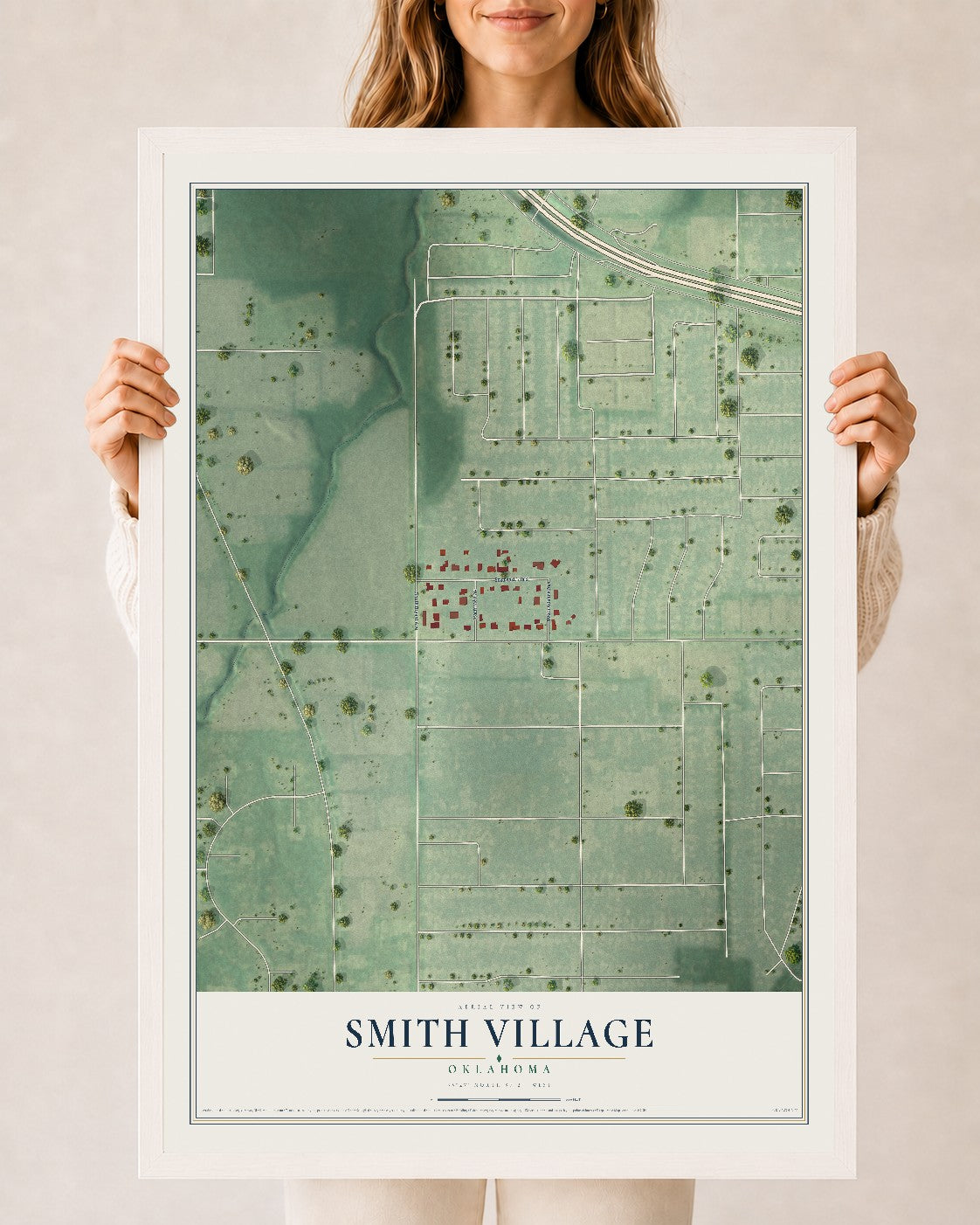Map of Smith Village, Oklahoma, 24 x 36 inch print in a white wood frame