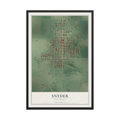 Map of Snyder, Oklahoma, 12 x 18 inch print in a black wood frame