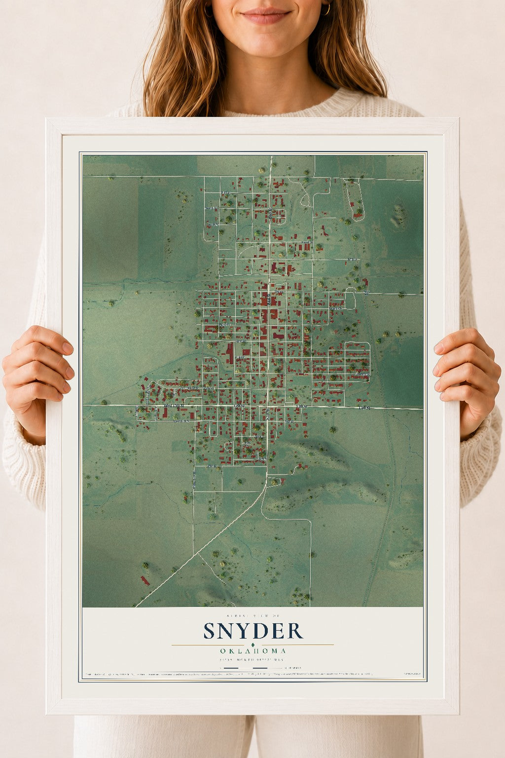 Map of Snyder, Oklahoma, 18 x 24 inch print in a white wood frame