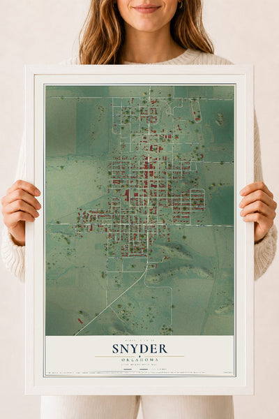 Map of Snyder, Oklahoma, 18 x 24 inch print in a white wood frame