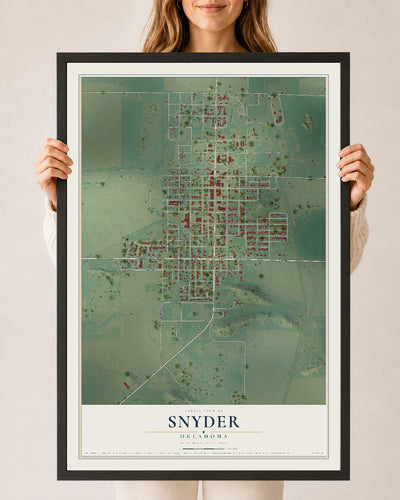 Map of Snyder, Oklahoma, 24 x 36 inch print in a black wood frame