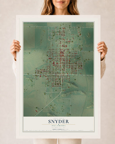 Map of Snyder, Oklahoma, 24 x 36 inch print in a white wood frame