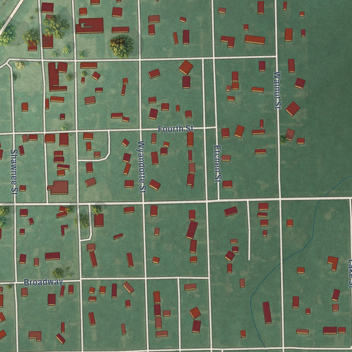 Close-up of the map of South Coffeyville, Oklahoma print showing street and building detail