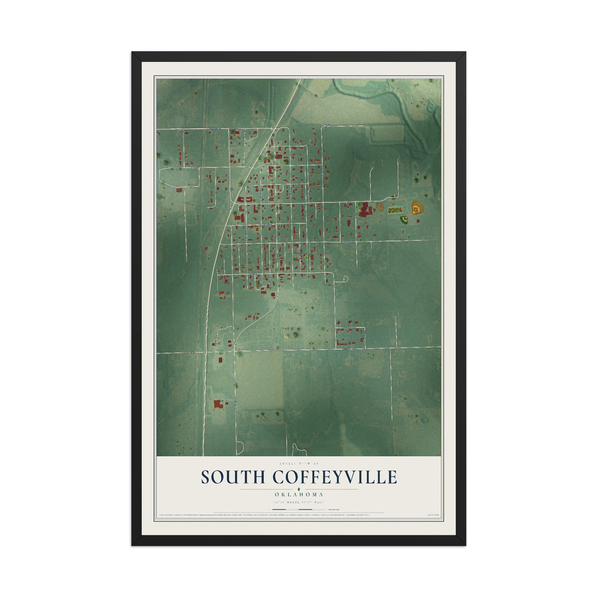 Map of South Coffeyville, Oklahoma, 12 x 18 inch print in a black wood frame