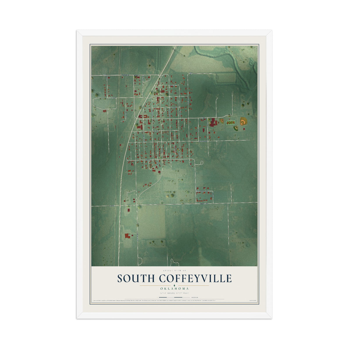 Map of South Coffeyville, Oklahoma, 12 x 18 inch print in a white wood frame