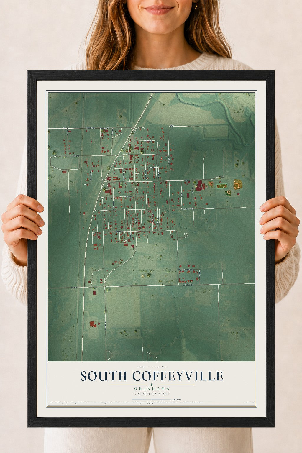 Map of South Coffeyville, Oklahoma, 18 x 24 inch print in a black wood frame