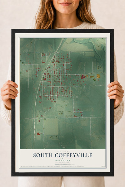 Map of South Coffeyville, Oklahoma, 18 x 24 inch print in a black wood frame