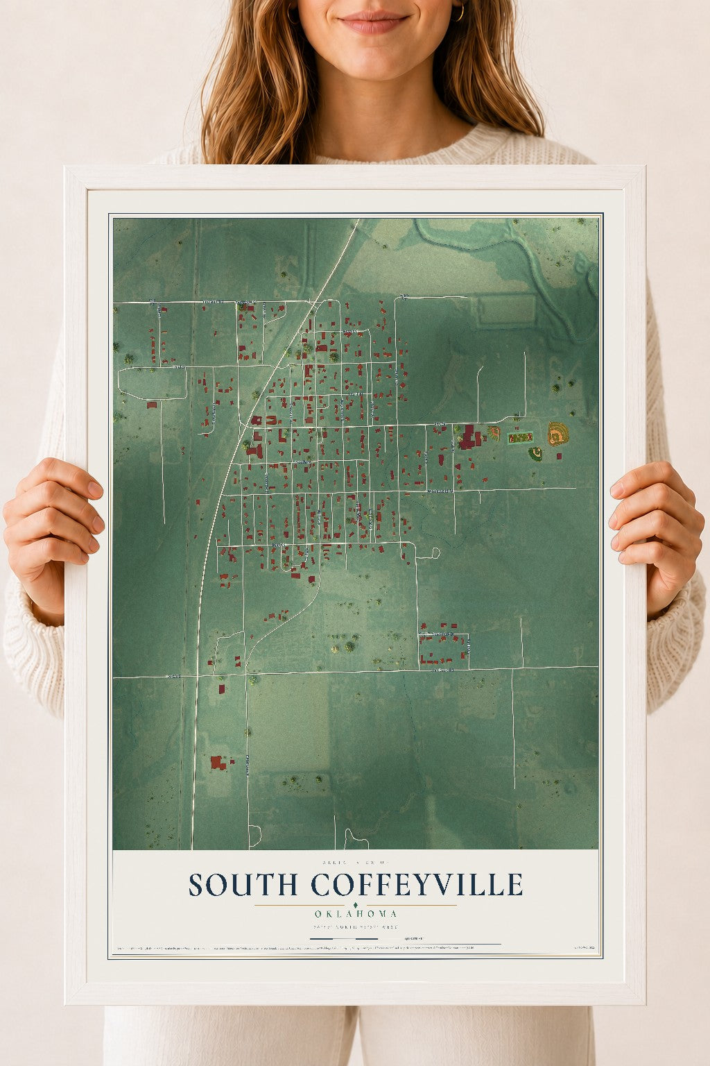 Map of South Coffeyville, Oklahoma, 18 x 24 inch print in a white wood frame