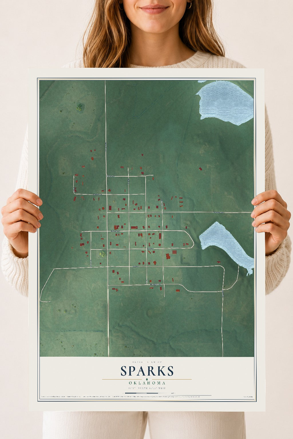 Map of Sparks, Oklahoma, 18 x 24 inch unframed archival matte print