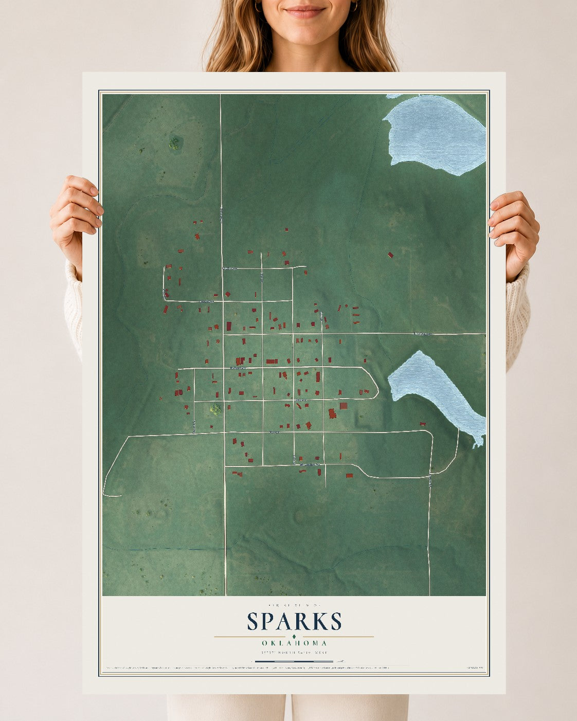 Map of Sparks, Oklahoma, 24 x 36 inch unframed archival matte print