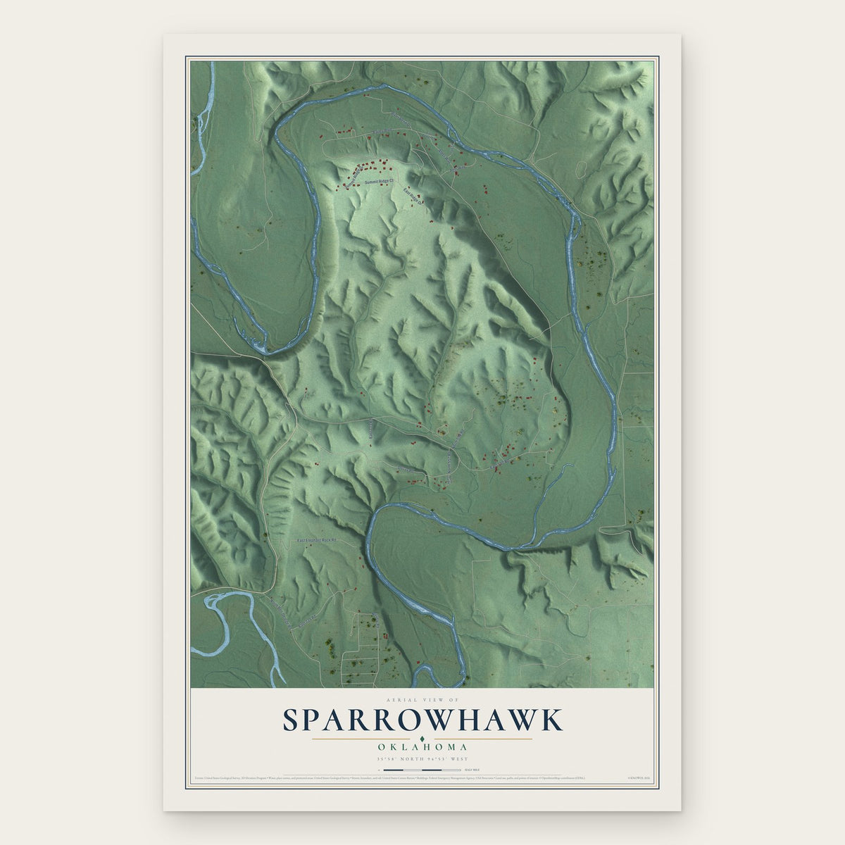 Sparrowhawk, Oklahoma map print, the full design