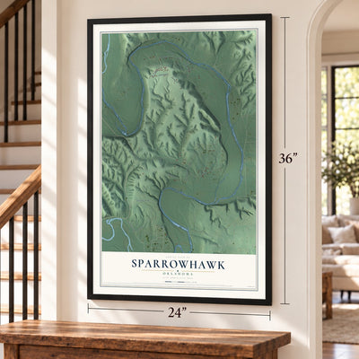 Sparrowhawk, Oklahoma map, 24 x 36 inch print in a black frame by a staircase