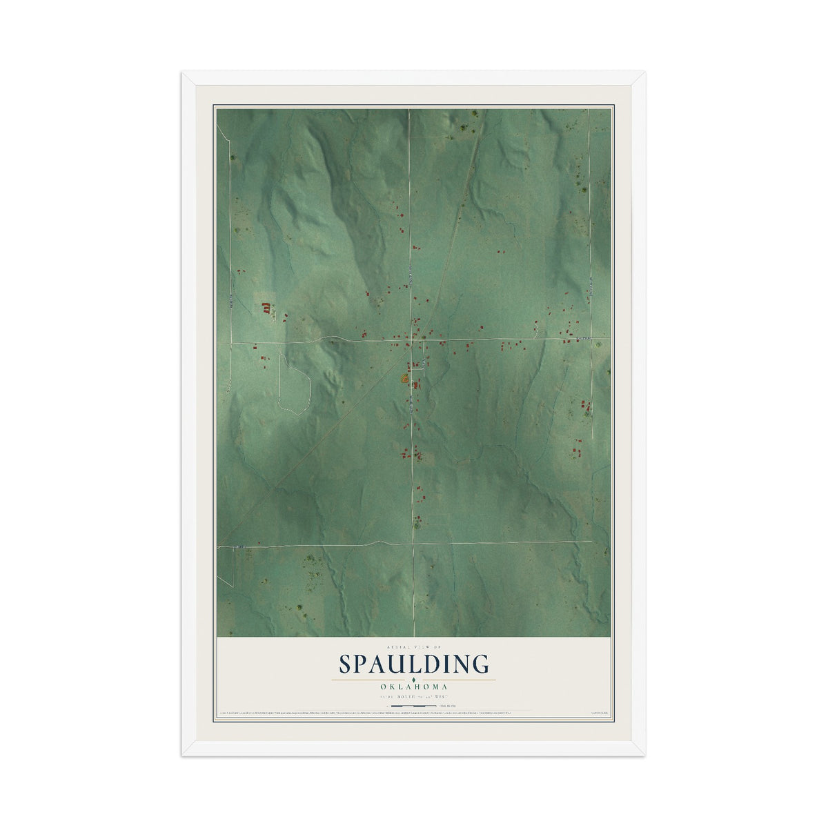 Map of Spaulding, Oklahoma, 12 x 18 inch print in a white wood frame