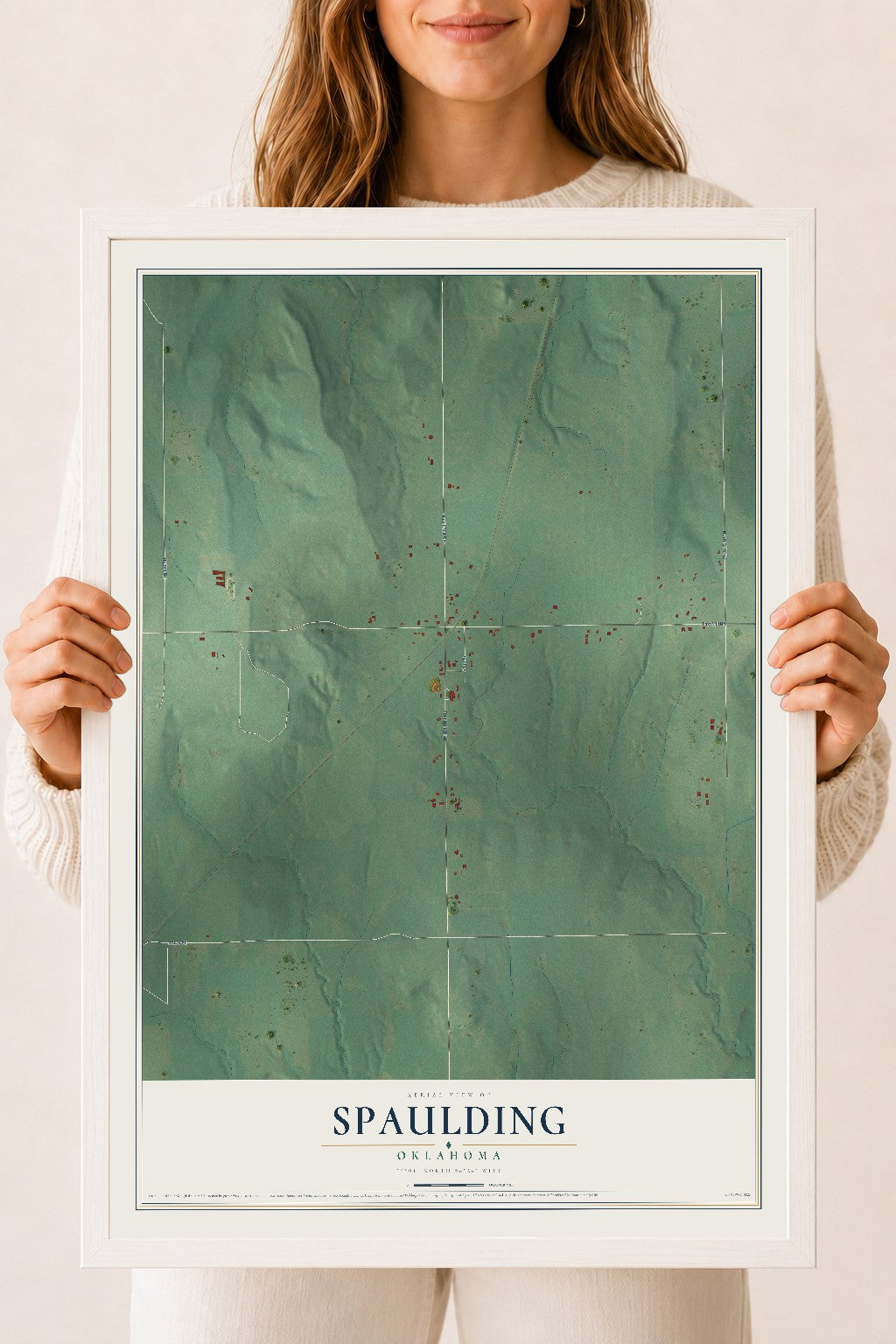 Map of Spaulding, Oklahoma, 18 x 24 inch print in a white wood frame
