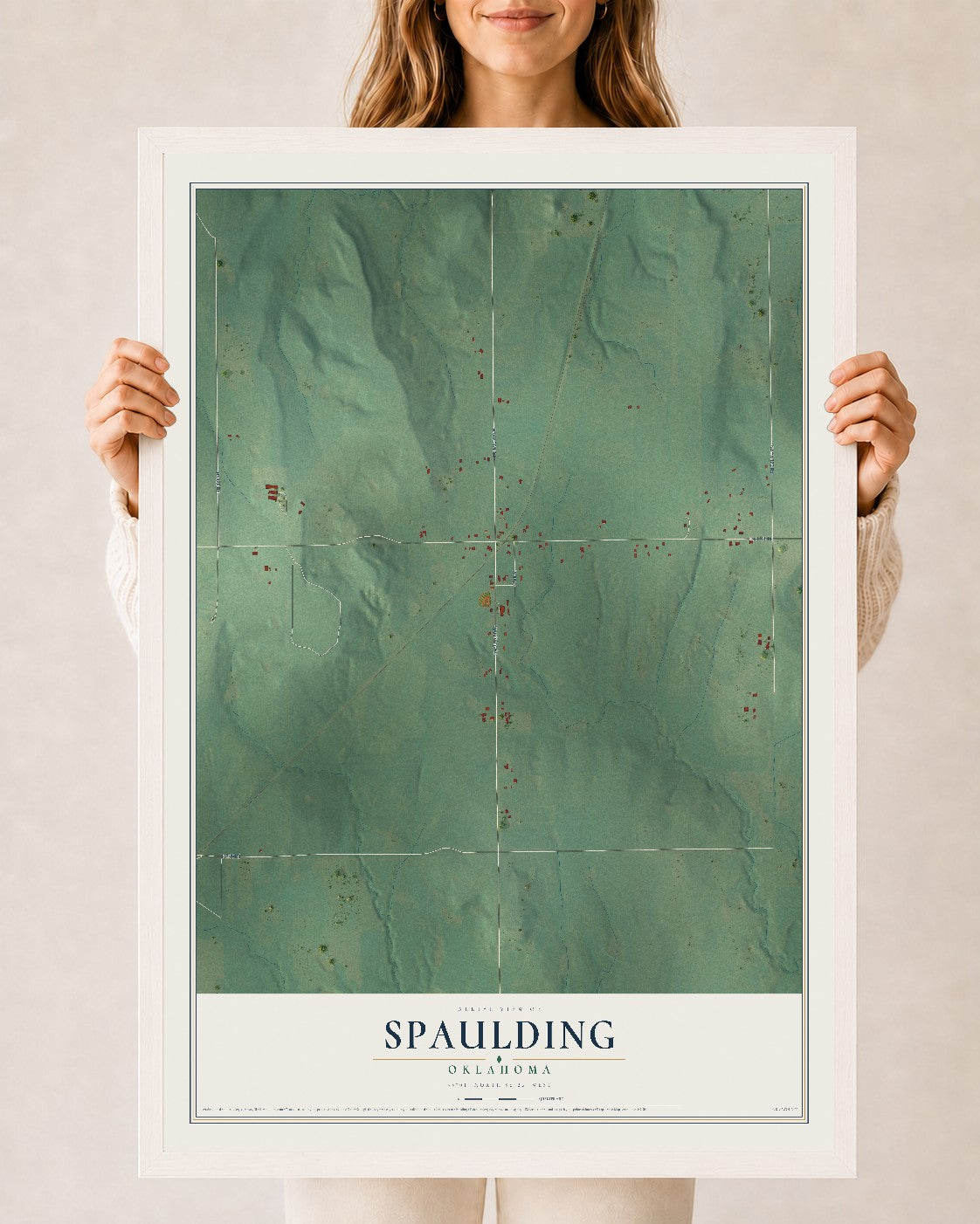 Map of Spaulding, Oklahoma, 24 x 36 inch print in a white wood frame