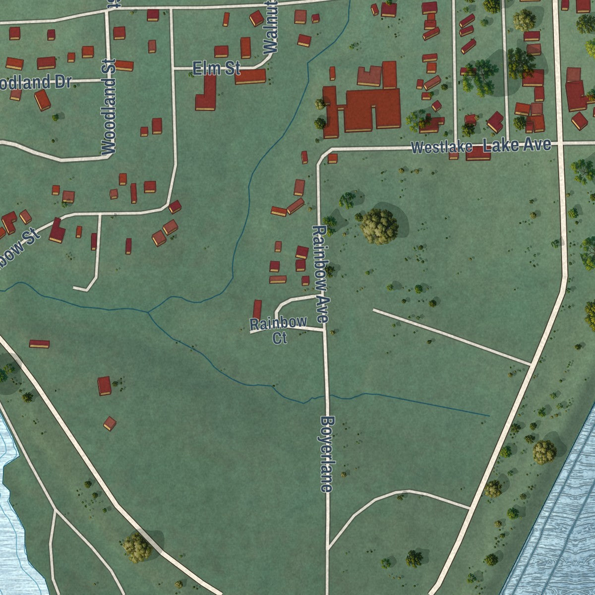 Second close-up of the map of Spavinaw, Oklahoma print showing more streets and buildings