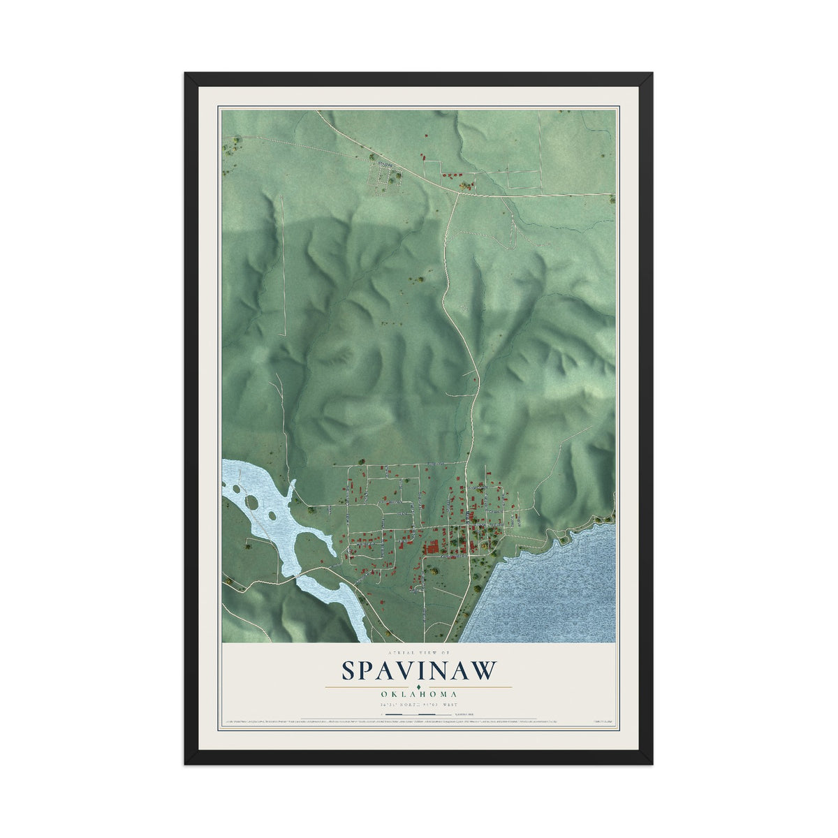 Map of Spavinaw, Oklahoma, 12 x 18 inch print in a black wood frame