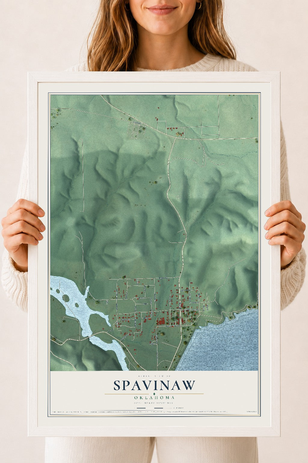 Map of Spavinaw, Oklahoma, 18 x 24 inch print in a white wood frame