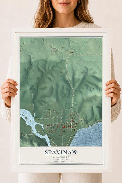 Map of Spavinaw, Oklahoma, 18 x 24 inch print in a white wood frame