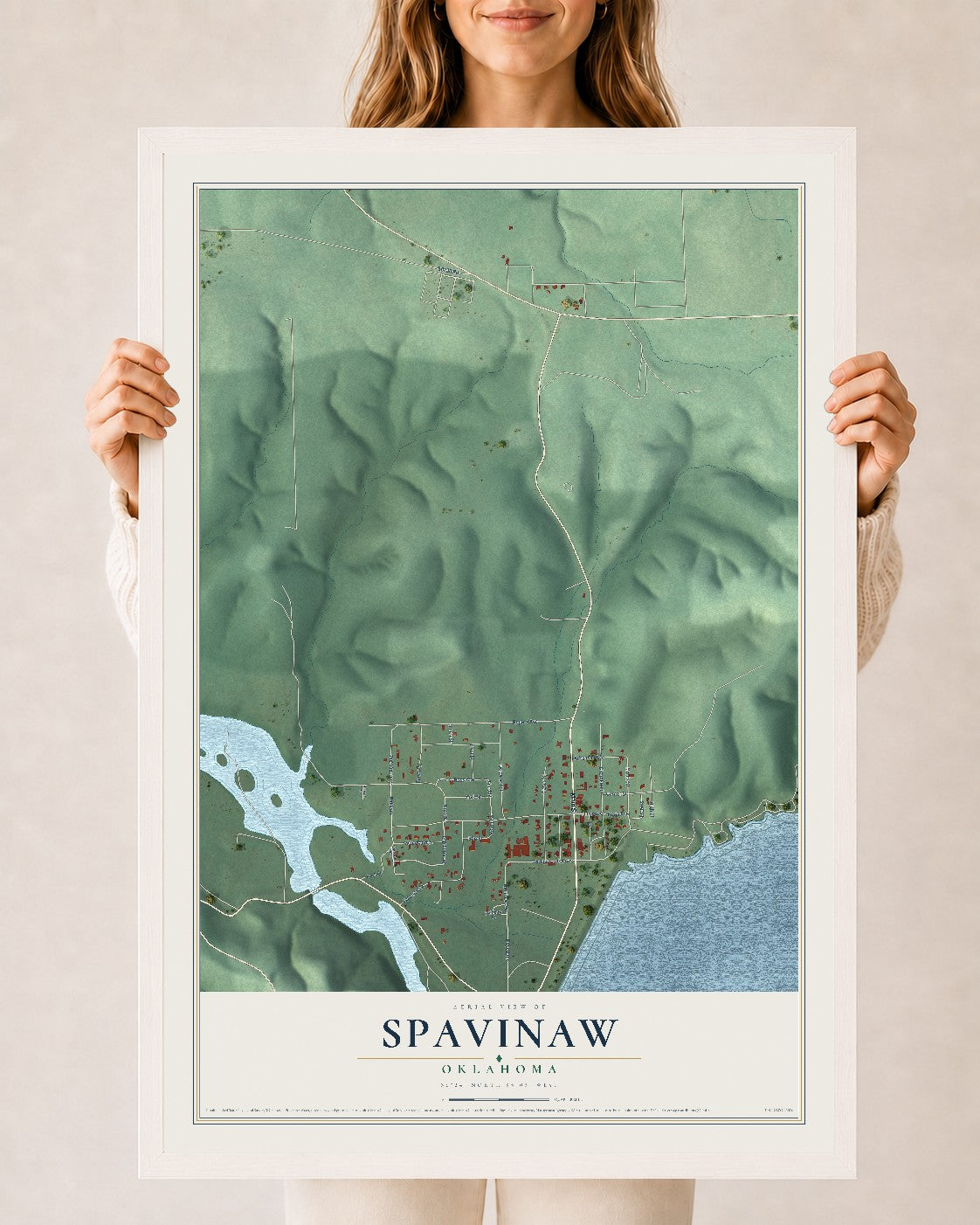 Map of Spavinaw, Oklahoma, 24 x 36 inch print in a white wood frame