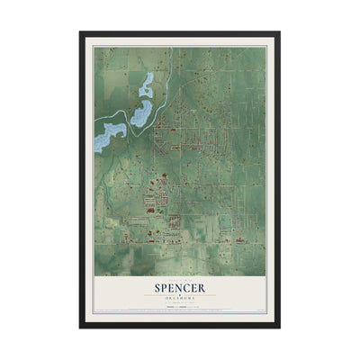 Map of Spencer, Oklahoma, 12 x 18 inch print in a black wood frame
