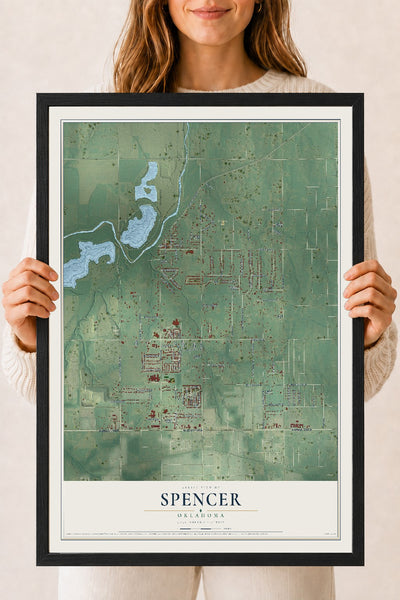 Map of Spencer, Oklahoma, 18 x 24 inch print in a black wood frame
